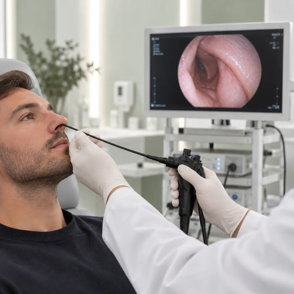 Endoscopia nasal con imagen en pantalla de alta definición en la consulta de otorrinolaringología